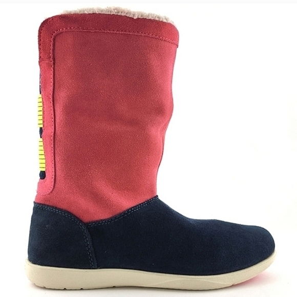 Crocs Adela Women's Foldover Fuzz Leather  Pink Boots Poppy Stucco Navy Size 6 - Picture 1 of 15